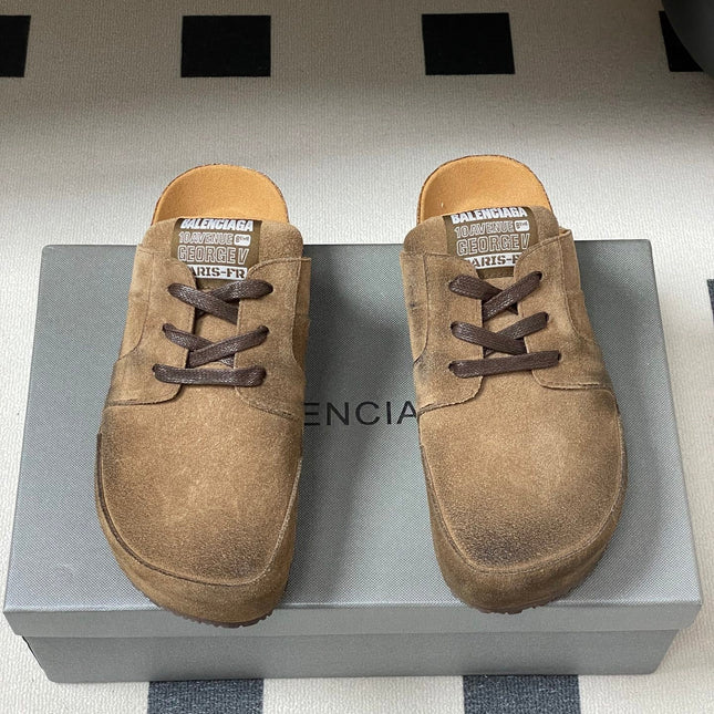 BALENCIAGA 25S MULES BIRKENSTOCK IN CARAMEL BROWN SUEDE