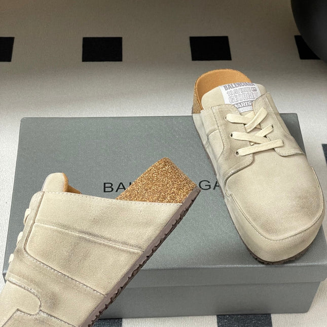 BALENCIAGA 25S MULES BIRKENSTOCK IN CREAM BEIGE SUEDE