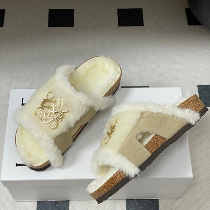 LOEWE X BIRKENSTOCK SLIPPERS WHITE GRAY FUR