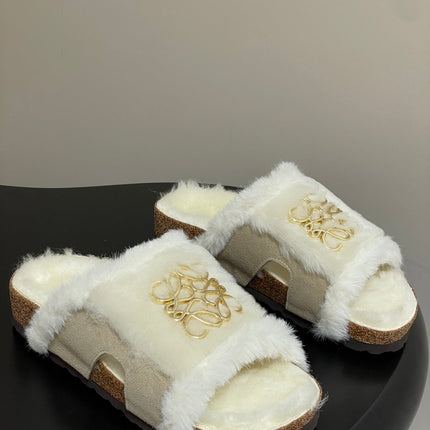 LOEWE X BIRKENSTOCK SLIPPERS WHITE GRAY FUR
