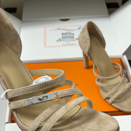 HM 25S HIGH-HEEL SANDAL 105 MM IN BEIGE SUEDE