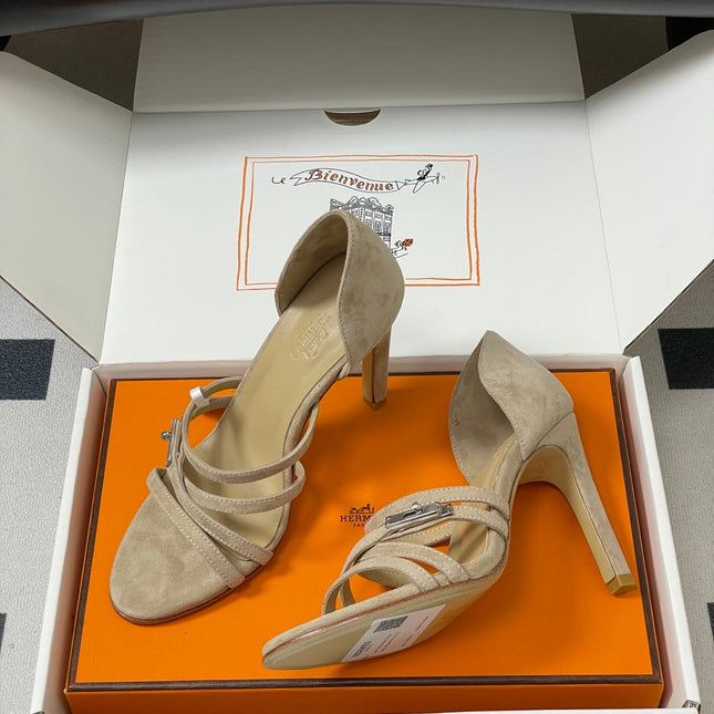 HM 25S HIGH-HEEL SANDAL 105 MM IN BEIGE SUEDE