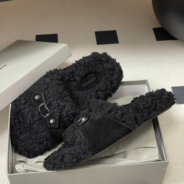 BALENCIAGA 25S SLIPPERS IN BLACK SUEDE AND WOOL