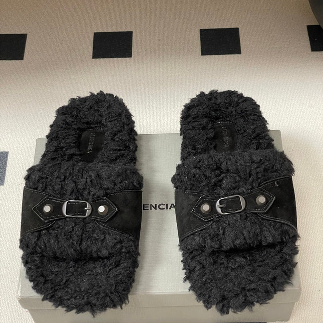 BALENCIAGA 25S SLIPPERS IN BLACK SUEDE AND WOOL