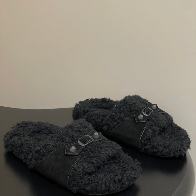 BALENCIAGA 25S SLIPPERS IN BLACK SUEDE AND WOOL
