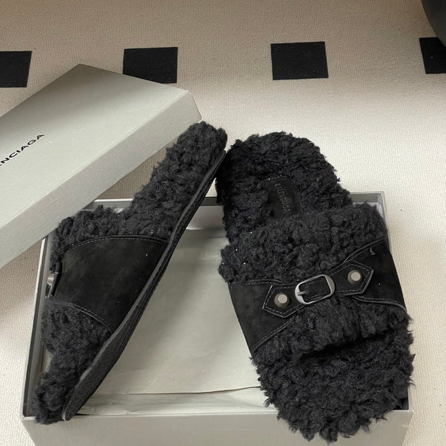 BALENCIAGA 25S SLIPPERS IN BLACK SUEDE AND WOOL