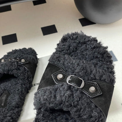 BALENCIAGA 25S SLIPPERS IN BLACK SUEDE AND WOOL