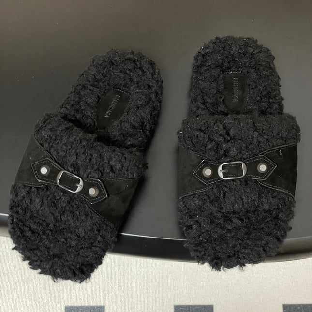 BALENCIAGA 25S SLIPPERS IN BLACK SUEDE AND WOOL