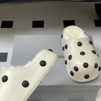 BALENCIAGA 25S FUR-LINED MULES IN WHITE FAUX LEATHER