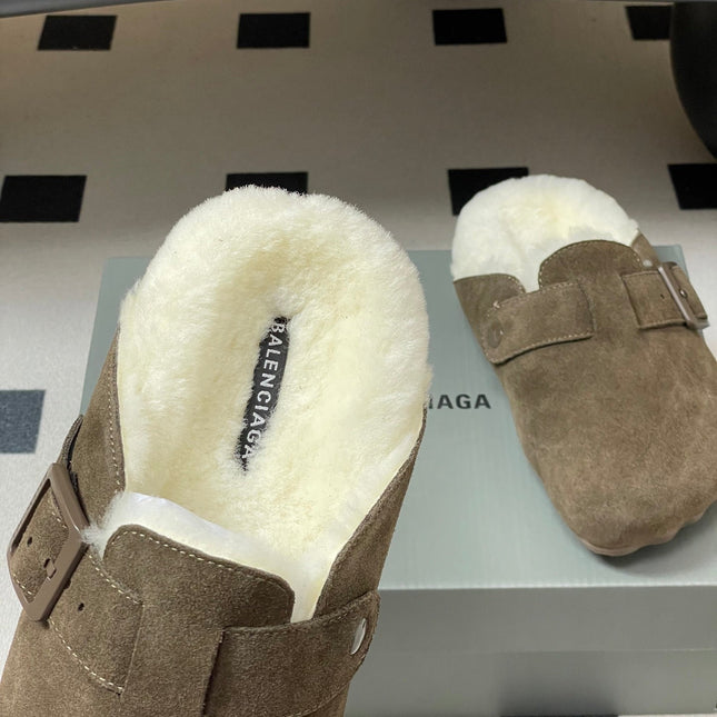 BALENCIAGA 25S FUR-LINED MULES IN DARK EARTH BROWN FAUX LEATHER