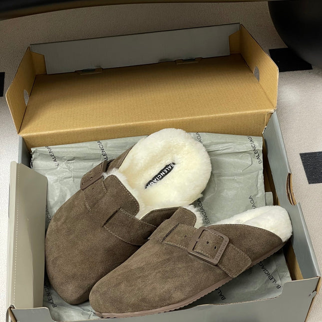 BALENCIAGA 25S FUR-LINED MULES IN DARK EARTH BROWN FAUX LEATHER