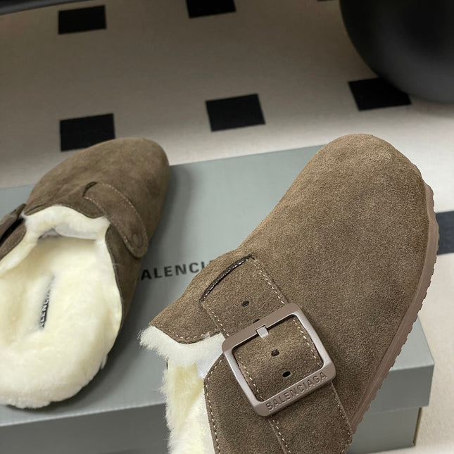BALENCIAGA 25S FUR-LINED MULES IN DARK EARTH BROWN FAUX LEATHER