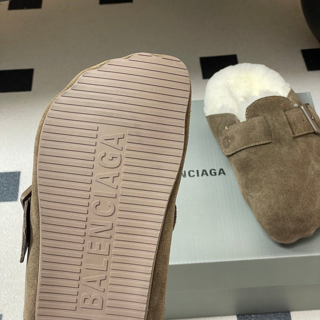 BALENCIAGA 25S FUR-LINED MULES IN DARK EARTH BROWN FAUX LEATHER