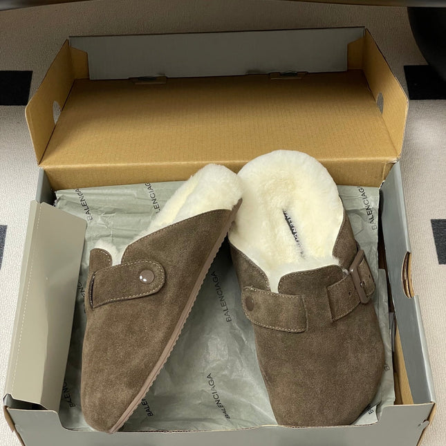 BALENCIAGA 25S FUR-LINED MULES IN DARK EARTH BROWN FAUX LEATHER