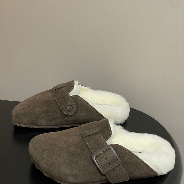 BALENCIAGA 25S FUR-LINED MULES IN DARK EARTH BROWN FAUX LEATHER