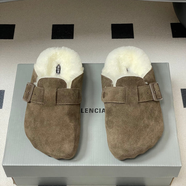 BALENCIAGA 25S FUR-LINED MULES IN DARK EARTH BROWN FAUX LEATHER