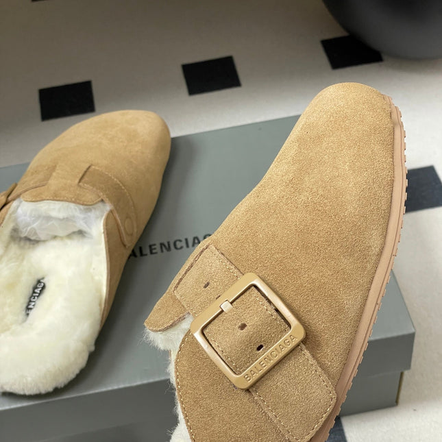 BALENCIAGA 25S FUR-LINED MULES IN LIGHT BROWN FAUX LEATHER