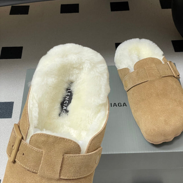 BALENCIAGA 25S FUR-LINED MULES IN LIGHT BROWN FAUX LEATHER