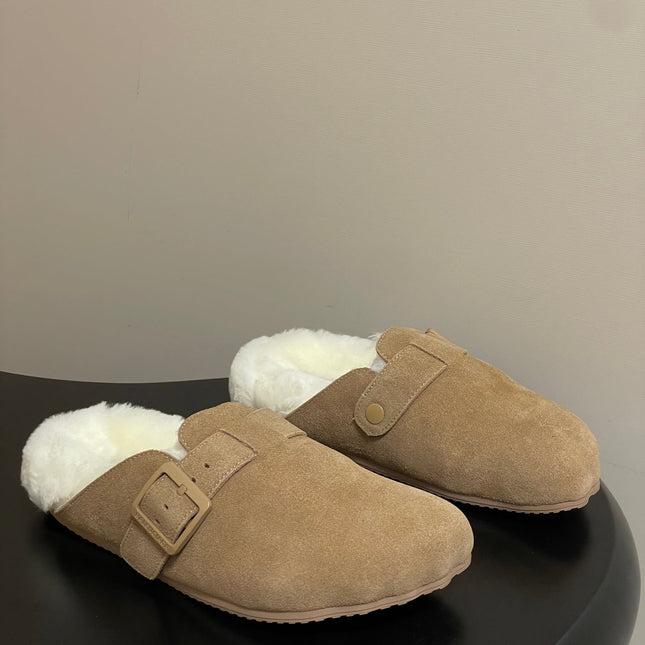 BALENCIAGA 25S FUR-LINED MULES IN LIGHT BROWN FAUX LEATHER