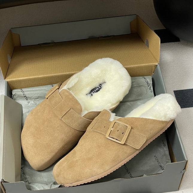 BALENCIAGA 25S FUR-LINED MULES IN LIGHT BROWN FAUX LEATHER