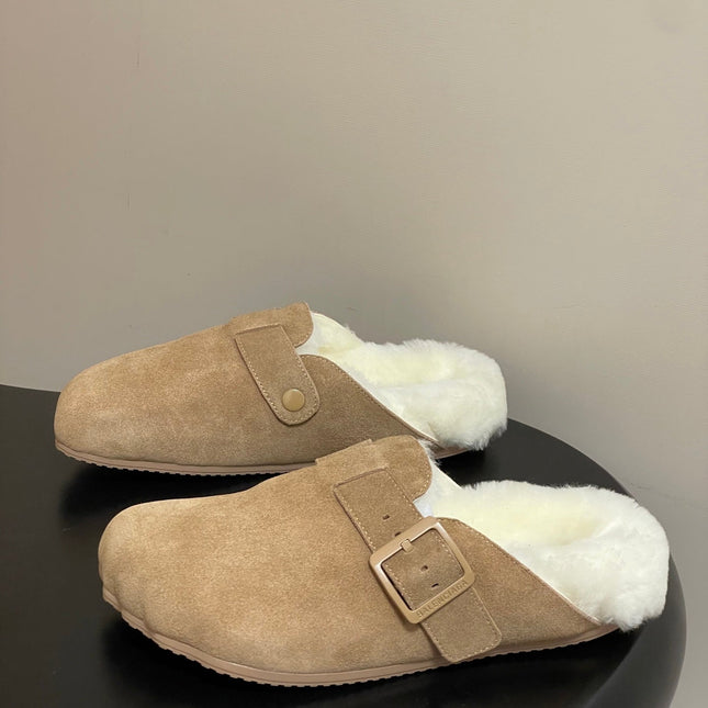 BALENCIAGA 25S FUR-LINED MULES IN LIGHT BROWN FAUX LEATHER