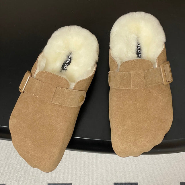 BALENCIAGA 25S FUR-LINED MULES IN LIGHT BROWN FAUX LEATHER