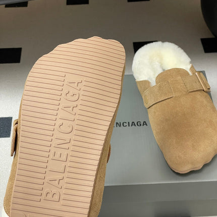 BALENCIAGA 25S FUR-LINED MULES IN LIGHT BROWN FAUX LEATHER