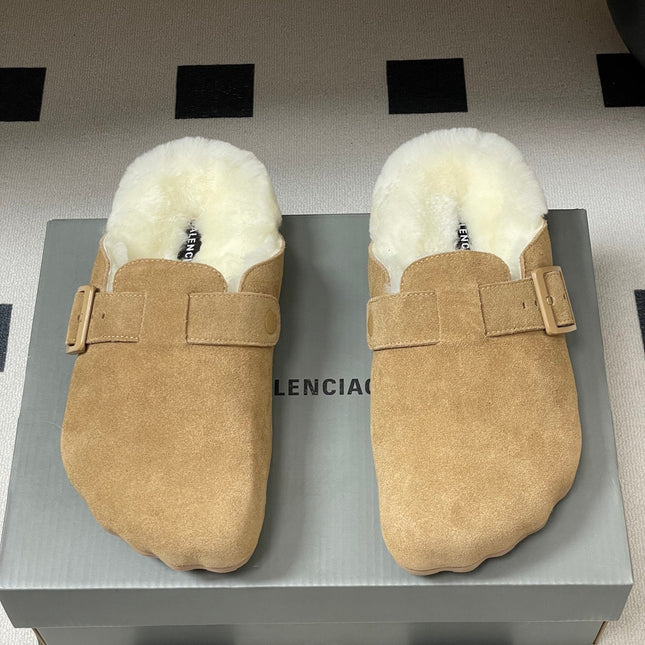 BALENCIAGA 25S FUR-LINED MULES IN LIGHT BROWN FAUX LEATHER