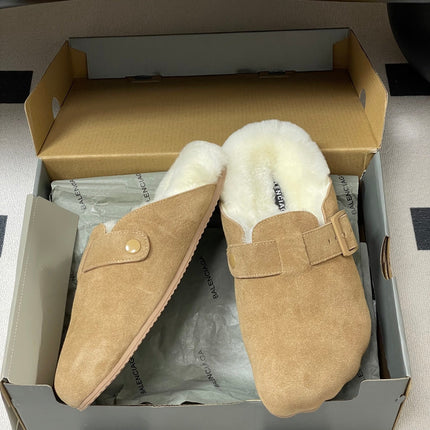 BALENCIAGA 25S FUR-LINED MULES IN LIGHT BROWN FAUX LEATHER