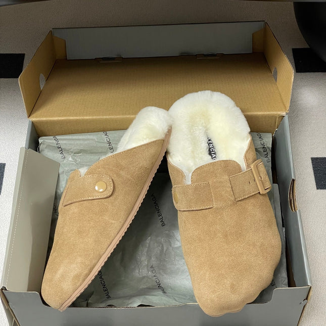 BALENCIAGA 25S FUR-LINED MULES IN LIGHT BROWN FAUX LEATHER