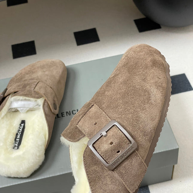 BALENCIAGA 25S FUR-LINED MULES IN EARTH BROWN FAUX LEATHER