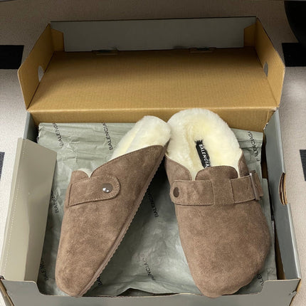 BALENCIAGA 25S FUR-LINED MULES IN EARTH BROWN FAUX LEATHER