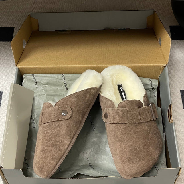 BALENCIAGA 25S FUR-LINED MULES IN EARTH BROWN FAUX LEATHER