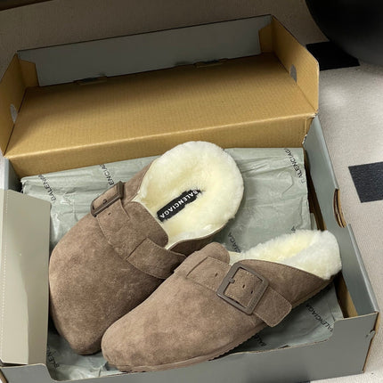 BALENCIAGA 25S FUR-LINED MULES IN EARTH BROWN FAUX LEATHER