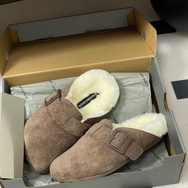 BALENCIAGA 25S FUR-LINED MULES IN EARTH BROWN FAUX LEATHER