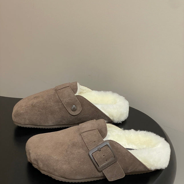 BALENCIAGA 25S FUR-LINED MULES IN EARTH BROWN FAUX LEATHER