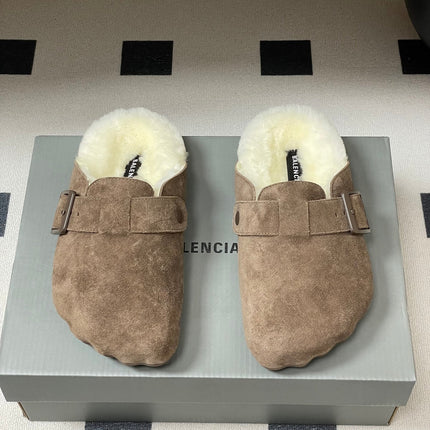 BALENCIAGA 25S FUR-LINED MULES IN EARTH BROWN FAUX LEATHER