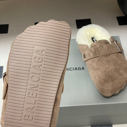 BALENCIAGA 25S FUR-LINED MULES IN EARTH BROWN FAUX LEATHER
