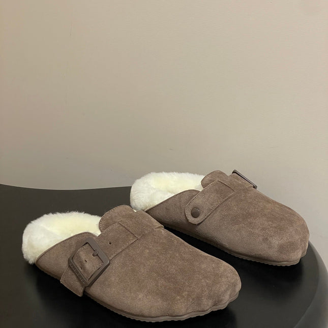 BALENCIAGA 25S FUR-LINED MULES IN EARTH BROWN FAUX LEATHER