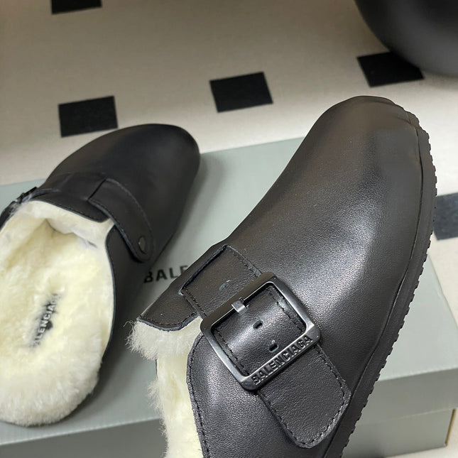 BALENCIAGA 25S FUR-LINED MULES IN BLACK FAUX LEATHER