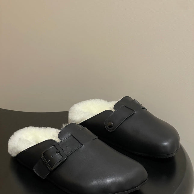 BALENCIAGA 25S FUR-LINED MULES IN BLACK FAUX LEATHER
