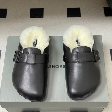 BALENCIAGA 25S FUR-LINED MULES IN BLACK FAUX LEATHER