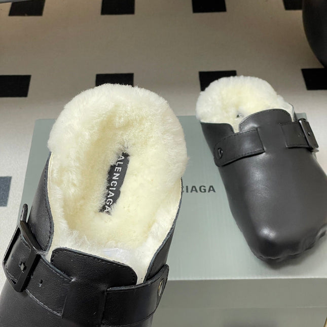 BALENCIAGA 25S FUR-LINED MULES IN BLACK FAUX LEATHER