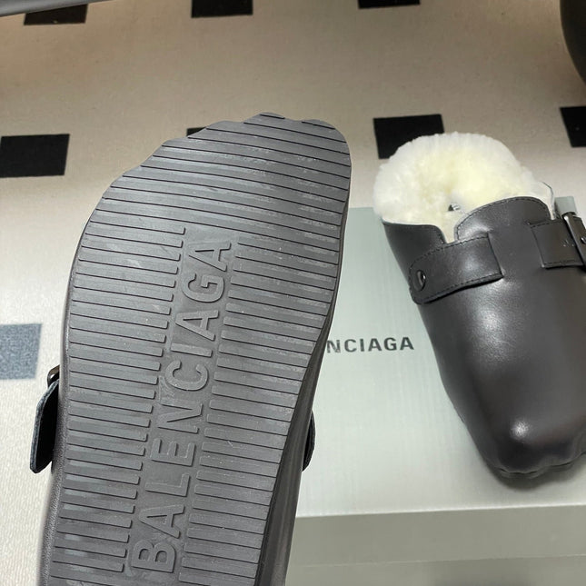 BALENCIAGA 25S FUR-LINED MULES IN BLACK FAUX LEATHER