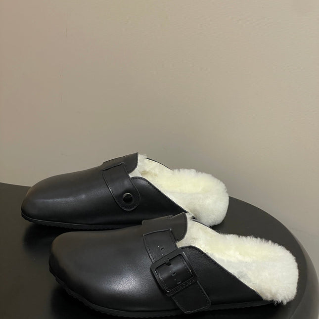 BALENCIAGA 25S FUR-LINED MULES IN BLACK FAUX LEATHER