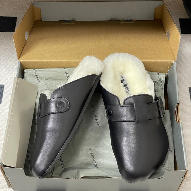 BALENCIAGA 25S FUR-LINED MULES IN BLACK FAUX LEATHER