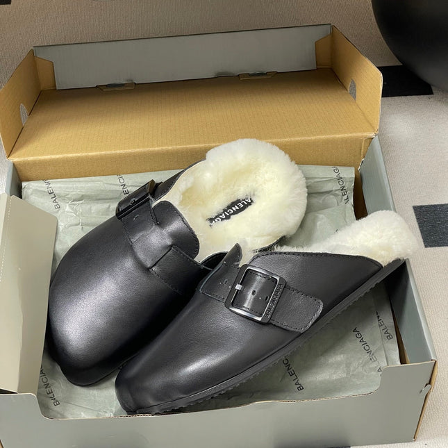 BALENCIAGA 25S FUR-LINED MULES IN BLACK FAUX LEATHER
