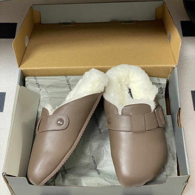 BALENCIAGA 25S FUR-LINED MULES IN TAUPE GRAY FAUX LEATHER