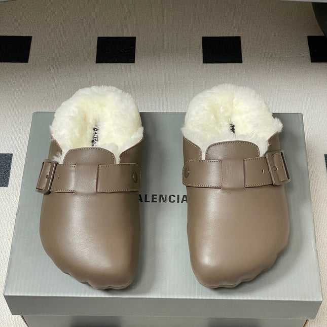 BALENCIAGA 25S FUR-LINED MULES IN TAUPE GRAY FAUX LEATHER