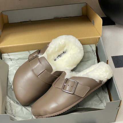 BALENCIAGA 25S FUR-LINED MULES IN TAUPE GRAY FAUX LEATHER